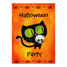 Halloween Invitation Card - Black Halloween Cat With Skull Party Invitation