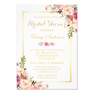 Blush Pink Floral Gold Frame Bridal Shower Invitation