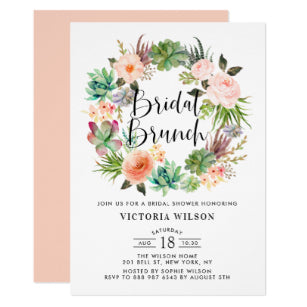 Boho Succulents Floral Wreath Bridal Brunch Invitation
