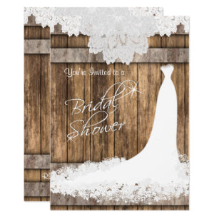 Bridal Shower In Rustic Wood White Lace Invitation