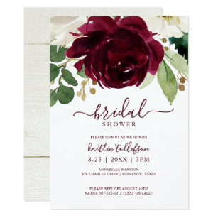 Bridal Shower Watercolor Bouquet Burgundy Wine Invitation