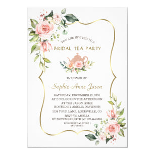 Chic Watercolor Blush Floral Gold Bridal Tea Party Invitation