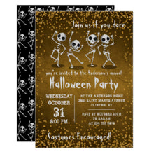 Halloween Invitation Card - Dancing Skeleton Gold Glitter Halloween Party Invitation