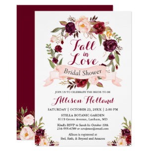 Fall In Love Burgundy Floral Wreath Bridal Shower Invitation