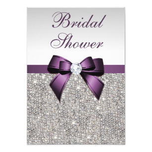Faux Silver Sequins Purple Bow Bridal Shower Invitation