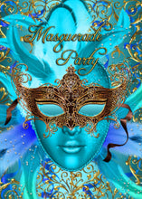 Feather Teal Gold Mask Masquerade Party Invite
