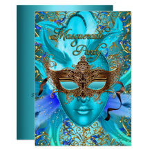 Halloween Invitation Card - Feather Teal Gold Mask Masquerade Party Invite