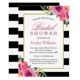 Fuchsia Purple Red Floral Stripes Bridal Shower Invitation