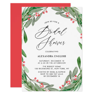 Greenery And Holly Wreath Winter Bridal Shower Invitation