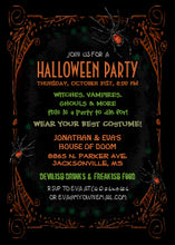 Halloween Party Invitation Black Orange Spiders