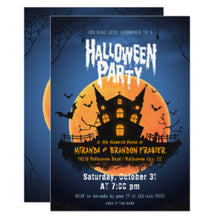 Halloween Invitation Card - Haunted House Bats Graveyard Halloween Party Invitation