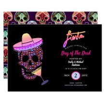 Halloween Invitation Card - Modern Day Of The Dead Fiesta Invites Pink Black