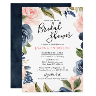 Navy Blue Blush Pink Rose Boho Bridal Shower Invitation
