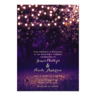 Purple Forest Sunset String Lights Rustic Wedding Invitation