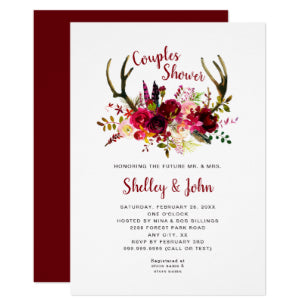Rustic Boho Antler Burgundy Floral Couples Shower Invitation