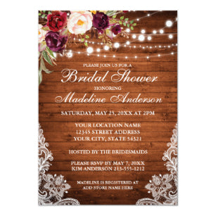 Rustic Wood Lights Floral Lace Bridal Shower Invitation