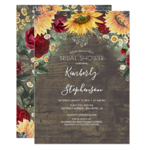 Sunflower And Burgundy Rose Rustic Bridal Shower Invitation
