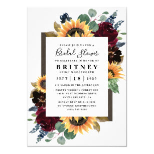 Sunflower Roses Burgundy Navy Blue Bridal Shower Invitation