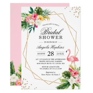 Tropical Floral Gold Frame Flamingo Bridal Shower Invitation
